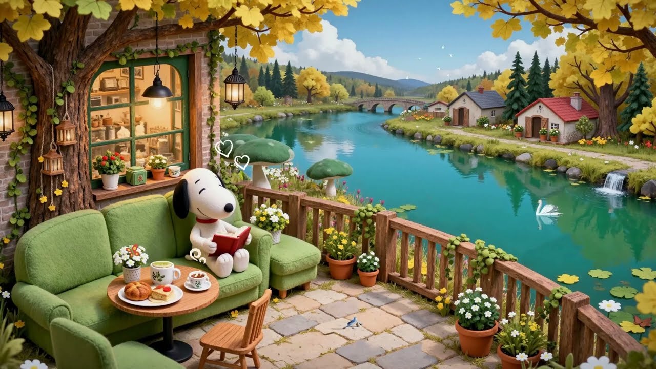 Snoopy’s Quiet Riverside Coffee Shop 🍂☕ Soft Lofi Beats for Study, Work & Relax