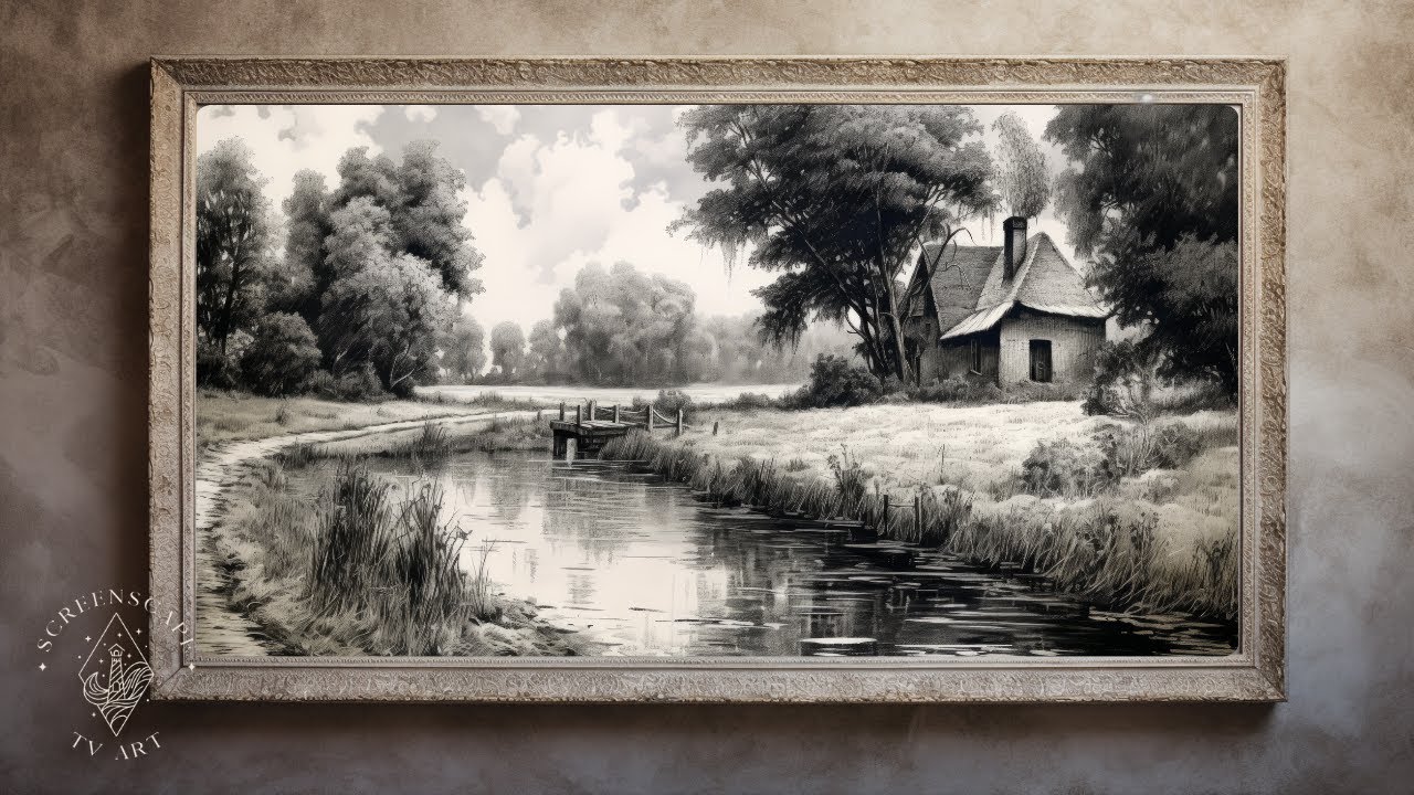 Rustic Cabin TV Art, Cottage by the Stream ScreensSaver, Vintage Inspired Landscape Painting
