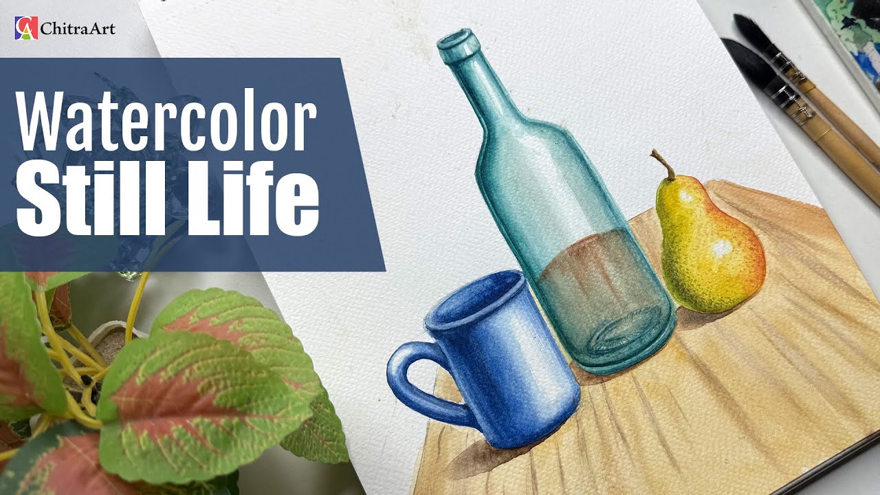 Still Life Watercolor Step By Step Painting | Pear, Transparent Bottle, Cup