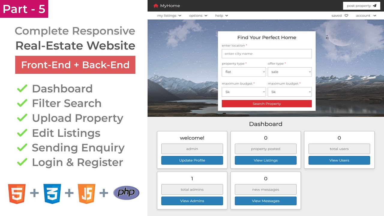 Complete Responsive Real-Estate Website Design Using HTML/CSS/JS/PHP PDO - Search, About, Contact