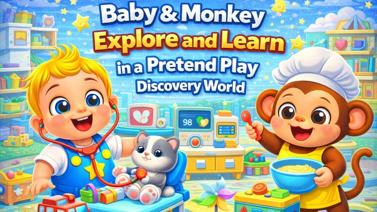 Baby and Monkey Explore and Learn in a Pretend Play Discovery World
