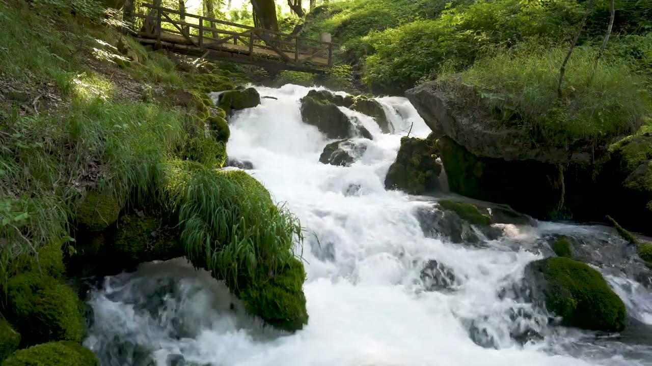 Calming Waterfall with Mountain River. Nature Sounds, River Flowing Water. White Noise for Sleeping.