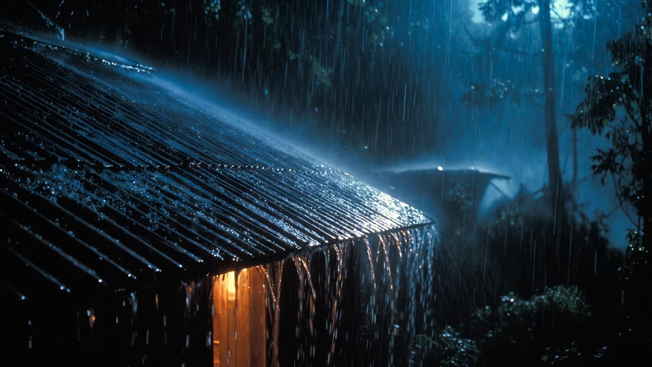 Heavy Rain Drumming on a Forest Shelter Roof at Midnight