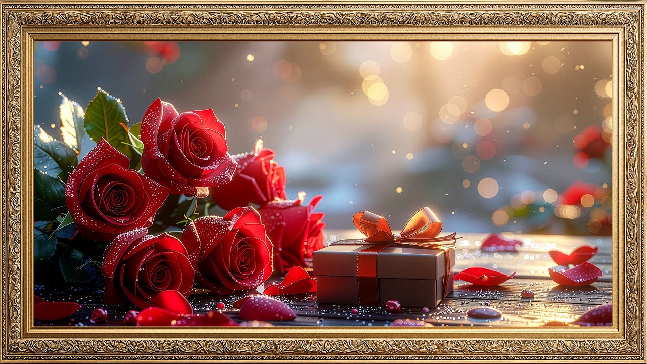 4K Framed TV Art: Red Roses & Gift Box Glow | Elegant Valentine’s Ambience