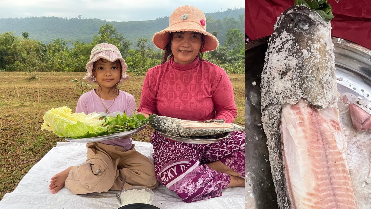 Salt-Crusted Fish! Eating with Fresh Veggies in the Field So Mouthwatering!