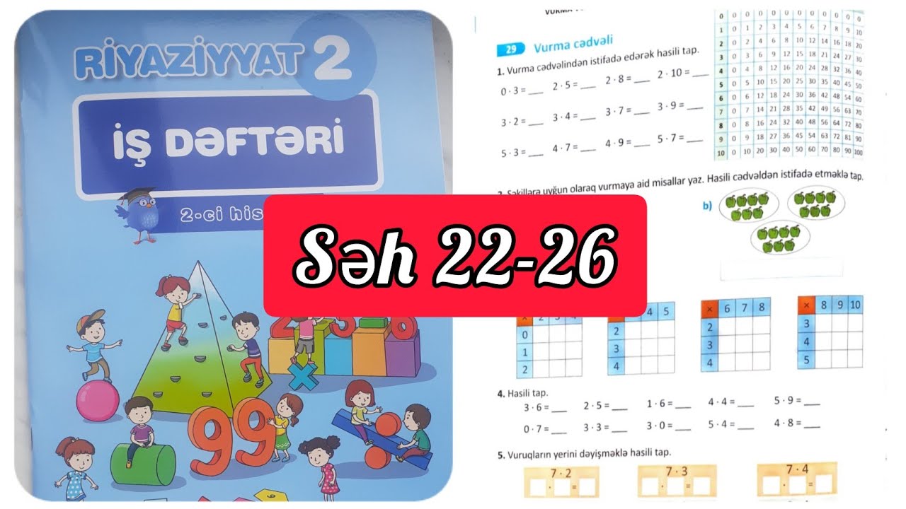 2-ci sinif Riyaziyyat iş dəftəri səh 22,23,24,25,26. 2ci hissə. Vurma cədvəli. Məsələ və misallar
