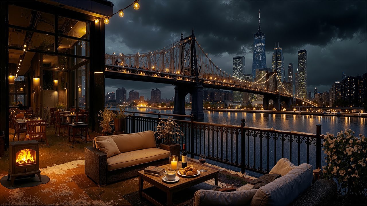 Winter Night Jazz in New York ☕ Cozy Lakeside Café Ambience for Study, Focus & Relax