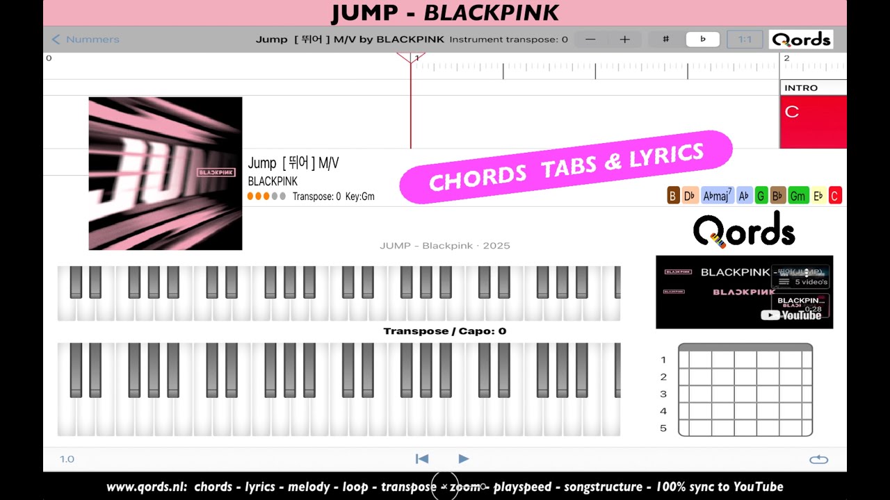BLACKPINK  - JUMP [ Original Key =G min ] CHORDS, TABS, TIMING, LYRICS. PlayAlong Video #qords_app