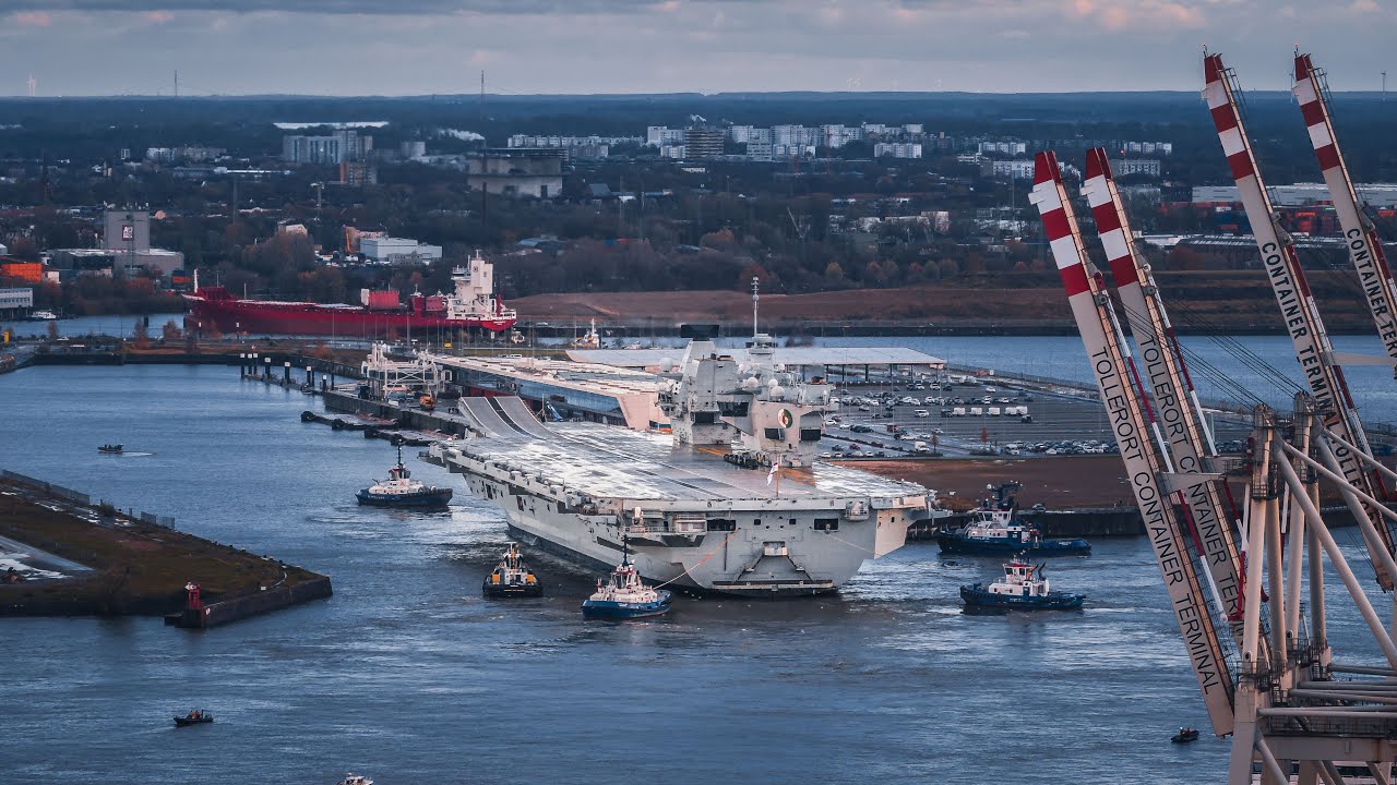 HMS Queen Elizabeth Arrives in Hamburg – Stunning Aerial Views of the Royal Navy Aircraft Carrier