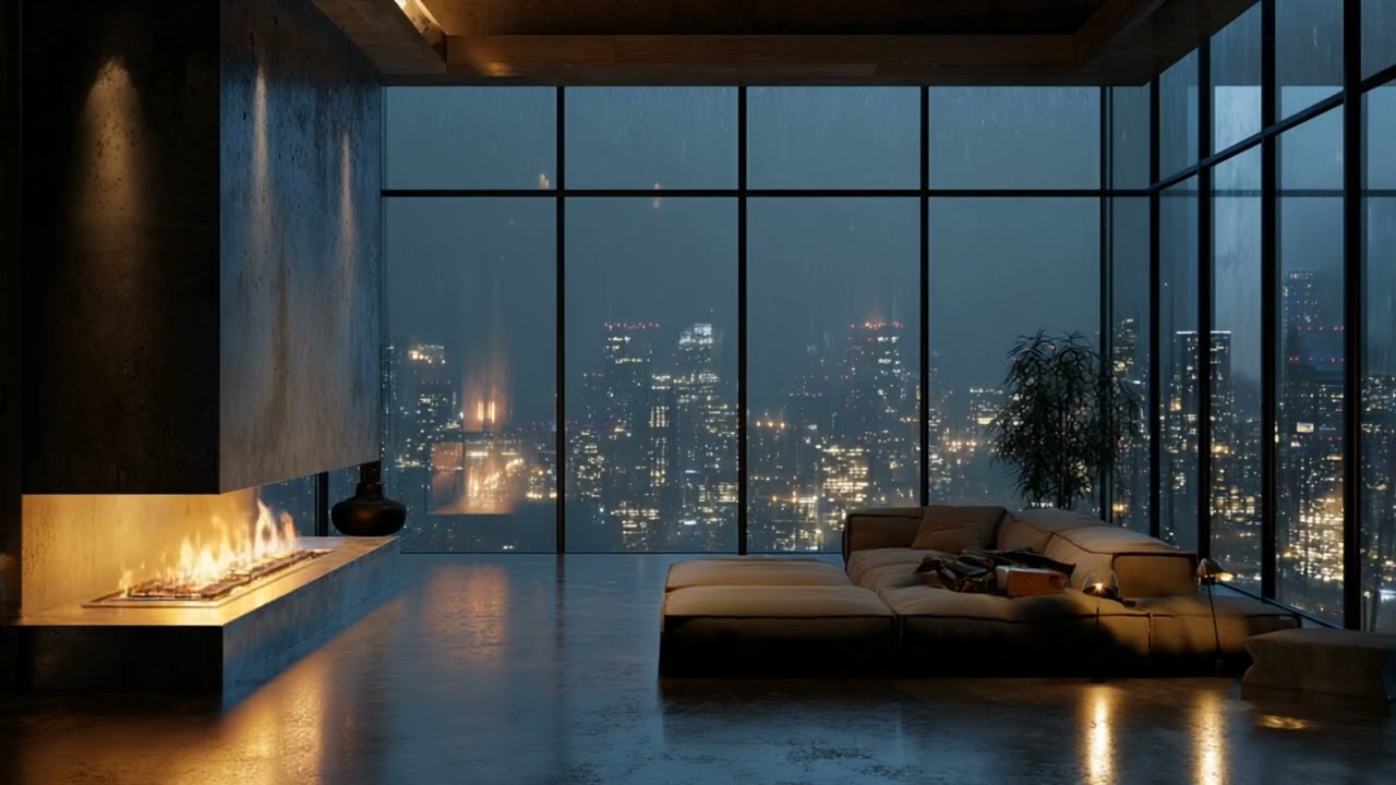 Luxury Fireplace Ambience for Stress Relief | Rainy Night (2 Hours)
