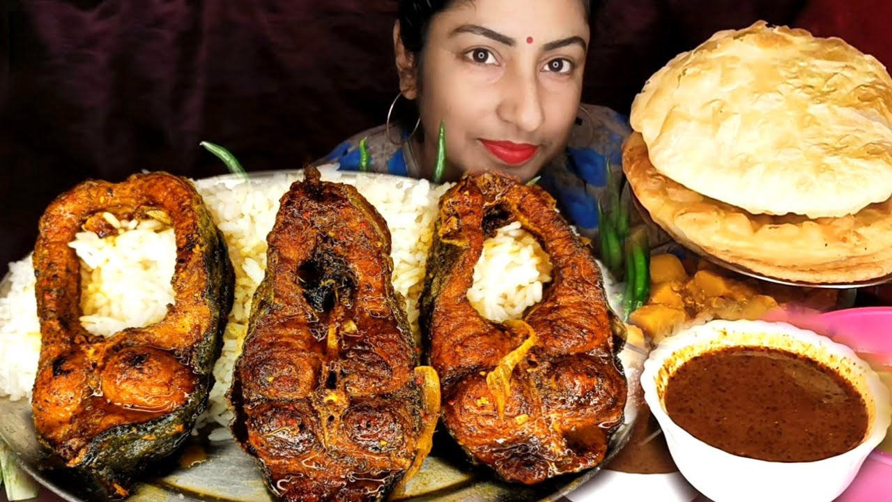 BIG FISH CURRY🌶️RICE KARAISUTIR KACHORI(Recipe Video in Description Box) ASMR Mukbang Eating Indian 