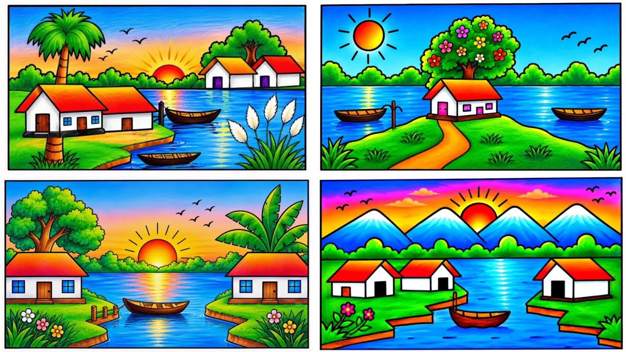 Easy River Scenery drawing with Boat | Beautiful Village Landscape Drawing Step by Step | ছবি আঁকা