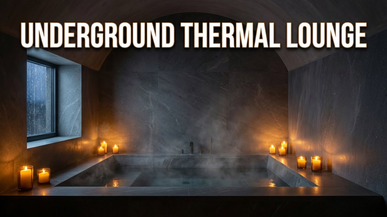 Underground Thermal Bath Lounge at Night | Deep Calm, Rain & Stillness