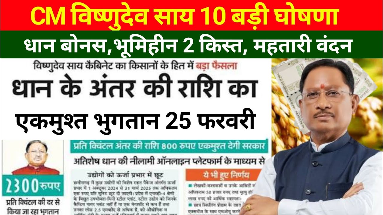 CM साय 10 बड़ी तोहफ़ा/धान बोनस 731रु/भूमिहीन किसानों 2 किस्त/महतारी वंदन 25वीं किस्त ₹1500/
