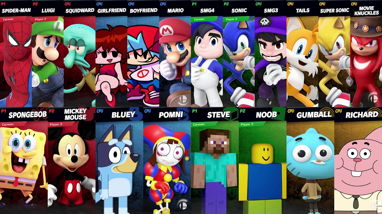 NEW Sonic vs Mario vs Roblox vs Minecraft vs Spider-Man vs Bluey vs SpongeBob vs Steve in Smash Bros
