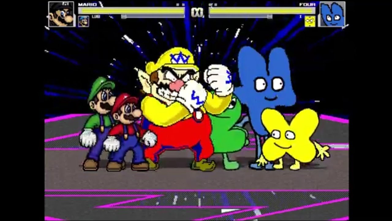 M.U.G.E.N: Four, X & Two (BFB/TPOT) VS. Mario, Luigi & Wario #supermario #bfdi #mugen