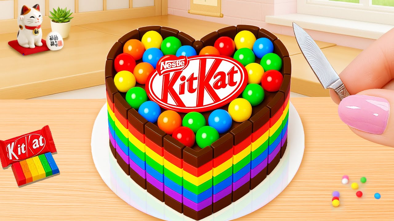 Mini Rainbow Heart Kitkat Chocolate Cake 🍫 レインボーチョコレートケーキの作り方 🌈 Tiny Joy Japan