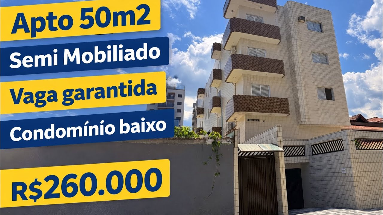 R$260.000 | Semi Mobiliado | apto 50m2 | Vaga Garantida | 300 m mar | Praia grande, OPORTUNIDADE