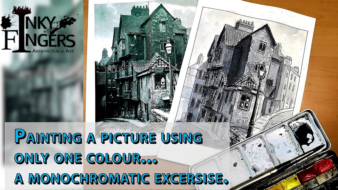 Painting a monochromatic urban scene using only payne's grey.