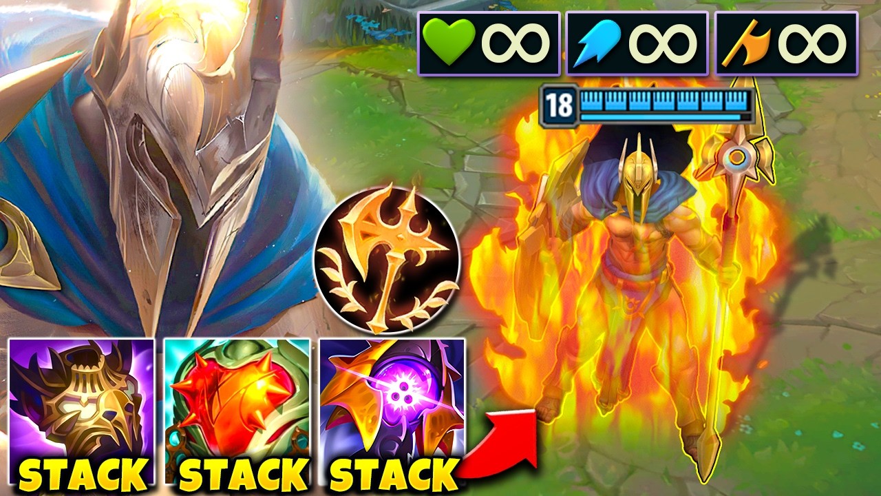 Pantheon but everything I build stacks infinitely (6000+ HEALTH, 400+ AD, 150+ AP)