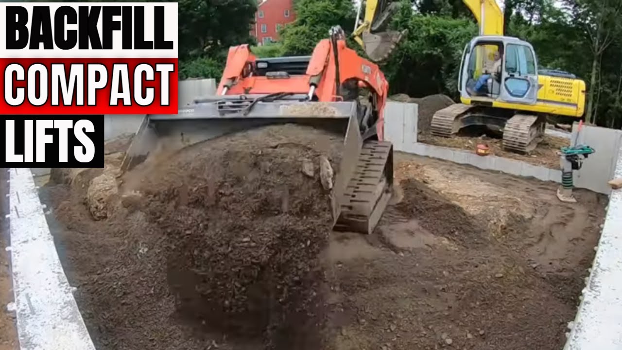 Backfilling a garage foundation with gravel & compacting in lifts with dump truck & excavator