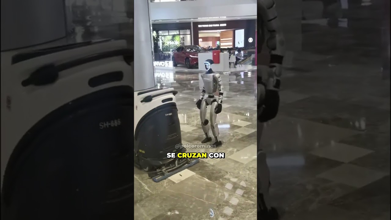 En un centro comercial de China, un robot humanoide y un robot de limpieza se cruzan con normalidad
