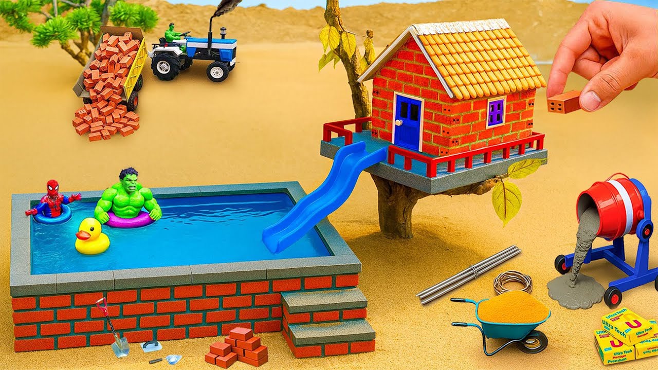 DIY Construction Science Project - Building a Modern After Monster Attack Pool House With Brick