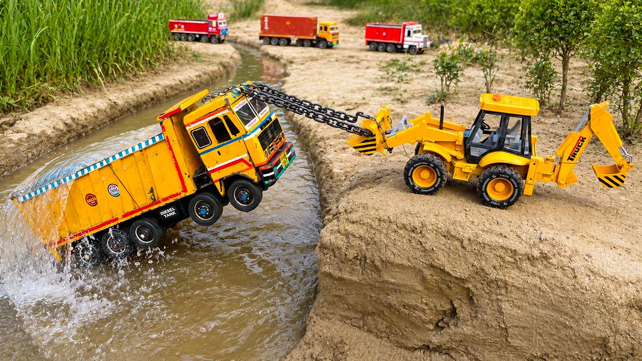BharatBenz Dumper Muddy Accident Pulling Out Jcb 3dx Ford Tractor? Jcb Tractor Cartoon | CSM Toys