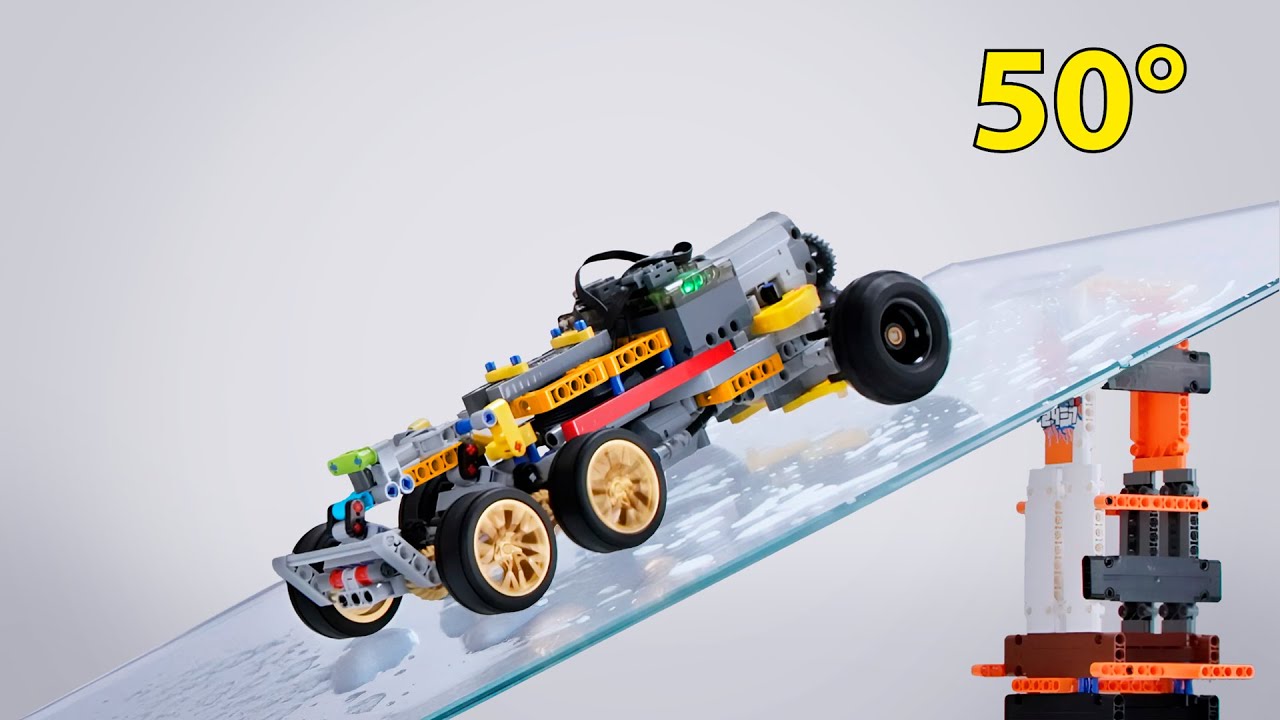 Slippery Slope Challenge! Lego Cars with Suspension and Propellers!