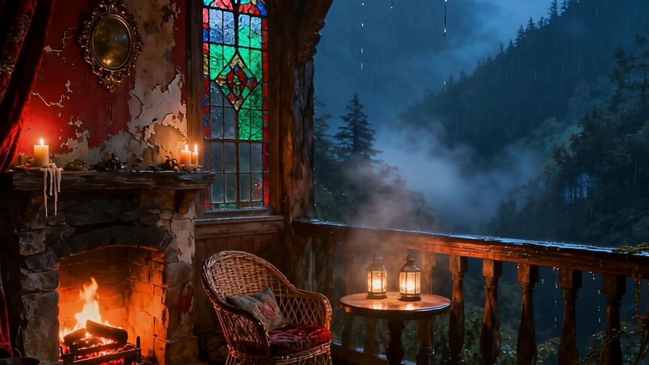 Rainy Mountain Night Fireplace 🌧️🔥 | Cozy Cabin Ambience for Deep Relaxation