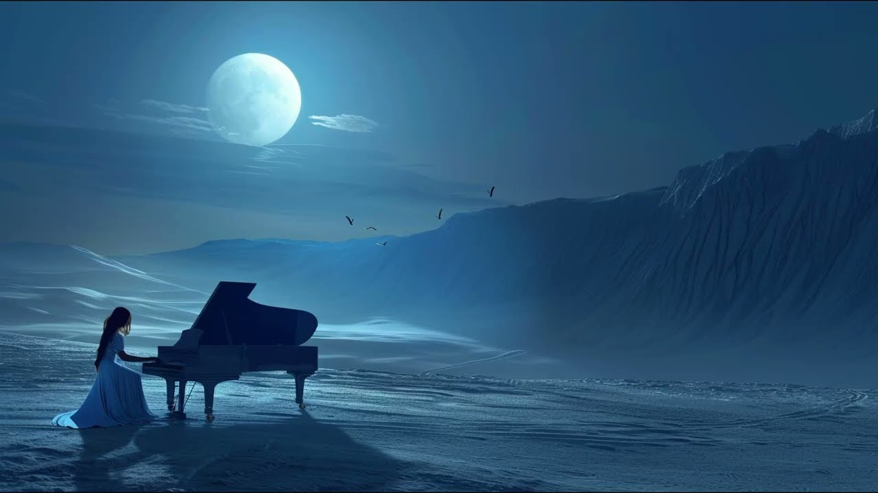 She plays the piano in the distant, faint light of the full moon