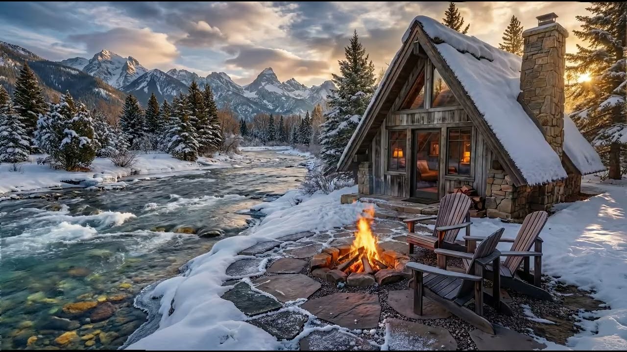 Ultimate Winter Escape 🏔️ Cozy Cabin, Crackling Fire, Flowing River Sounds