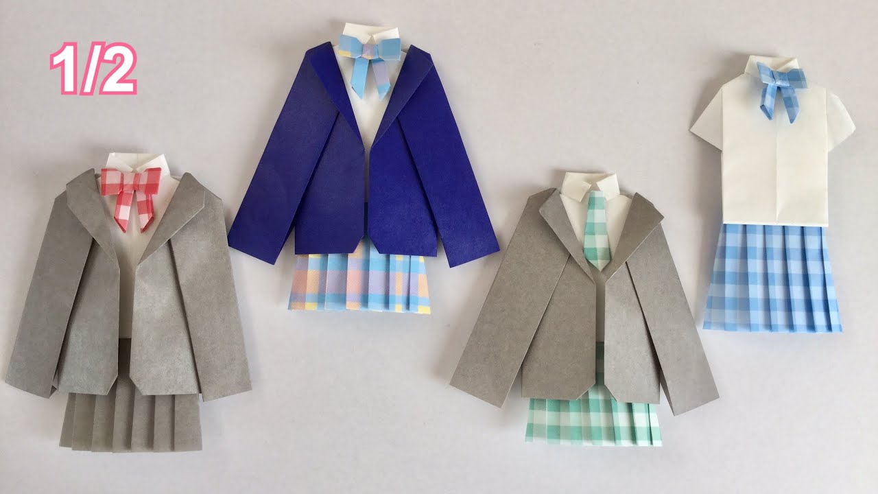 【折り紙・制服1/2 】シャツ、スカート、スカーフ  【Origami・School uniform 1/2】 shirt, skirt, scarf