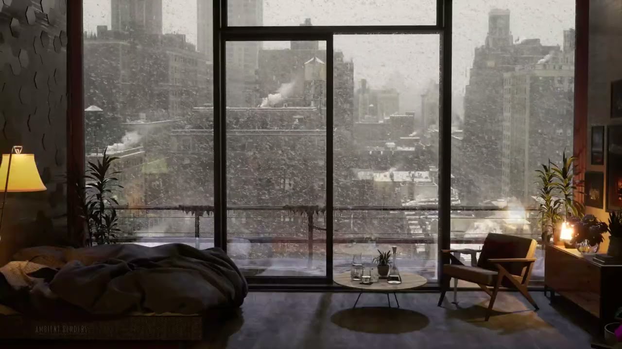 NYC Heavy Snowfall In A Cozy Apartment | Non-Christmas Version | 4K |  60FPS