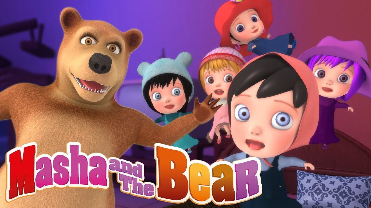 Masha and bear jumping on bed | Five little monkeys jumping on the bed