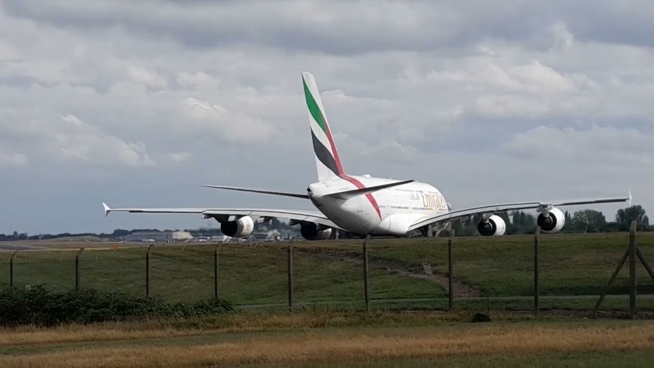Emirates  A 380  take off at Birmingham airport 