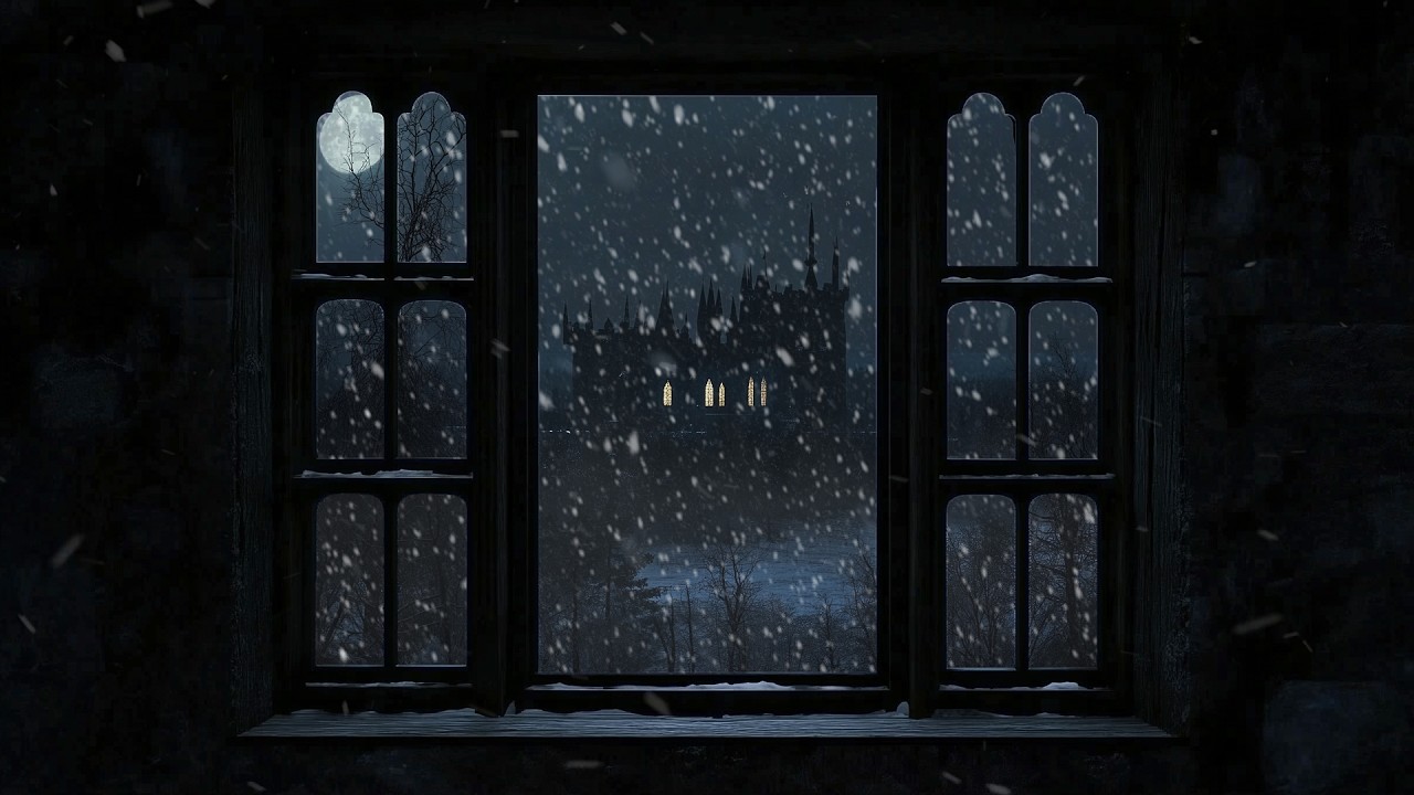Dark Lonely Castle Window View | Winter Snowstorm & Howling Wind Ambience for Relaxation & Sleep