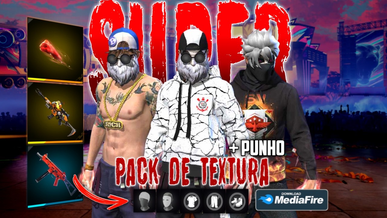 🔥 SUPER PACK de TEXTURA FREE FIRE com PUNHO na PADR&Atilde;O + UMP RUBI