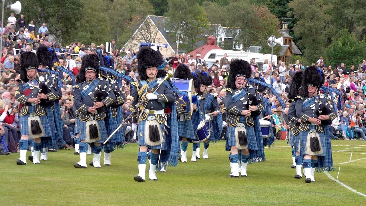 RAF Central Scotland Pipes & Drums arena display during the 2018 Braemar Gathering Highland Games