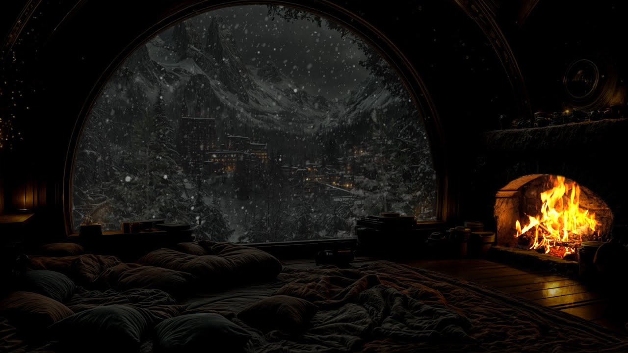 No Ads- Winter Night in a Cozy Mountain Hut 🌨️🔥 | Wind Howling & Fireplace for Melatonin Release