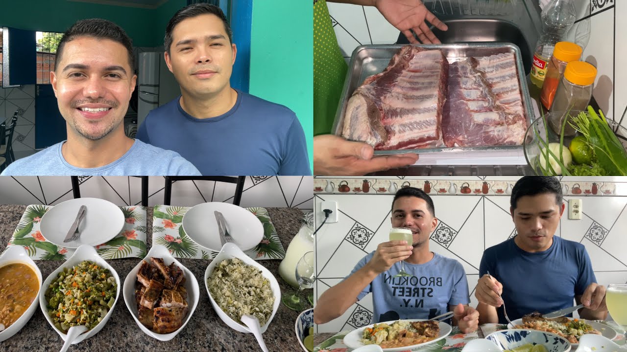 COSTELA DE PORCO ASSADA, ARROZ COM COUVE, FEIJÃO E SALADA COZIDA