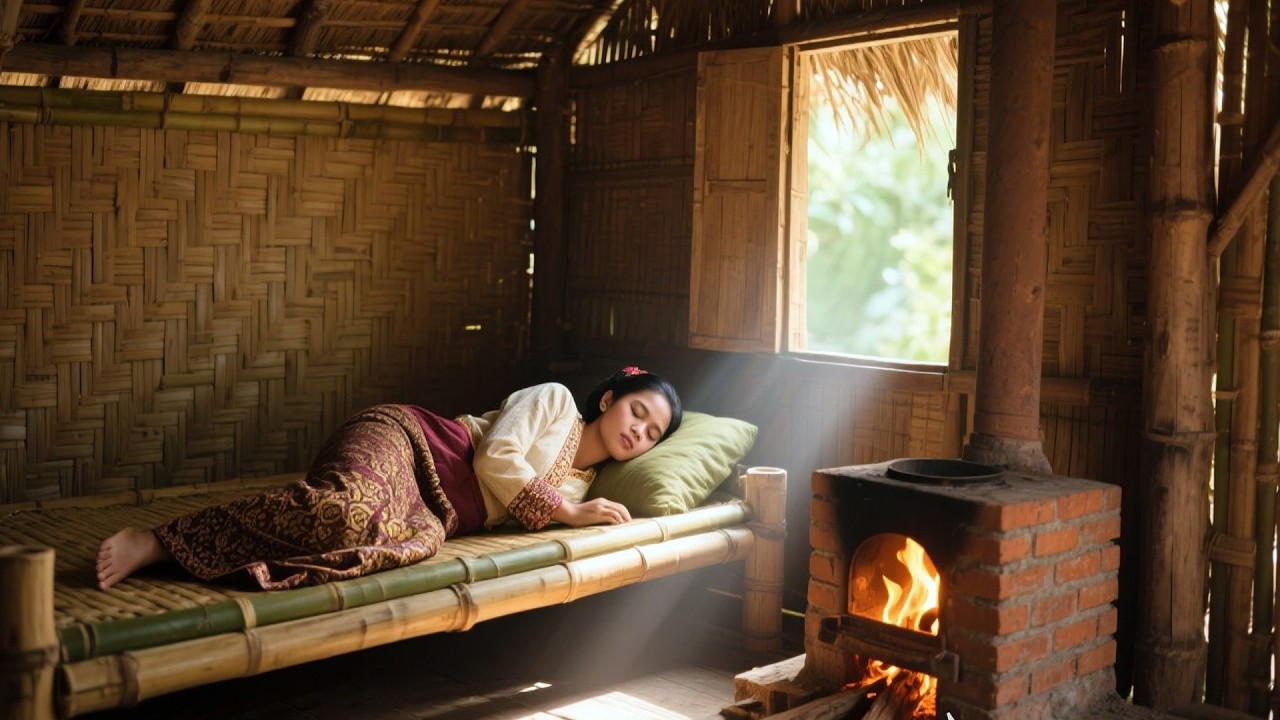 Peaceful Piano Music | Bamboo Hut with Warm Fireplace