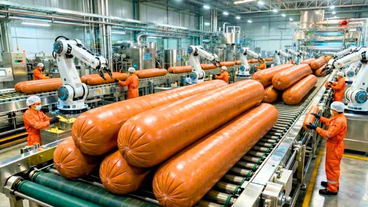 INSIDE A MODERN SAUSAGE MEGAFACILITY: From Raw Giant Meat Block to Ultra-Long Sausage (Full Process)