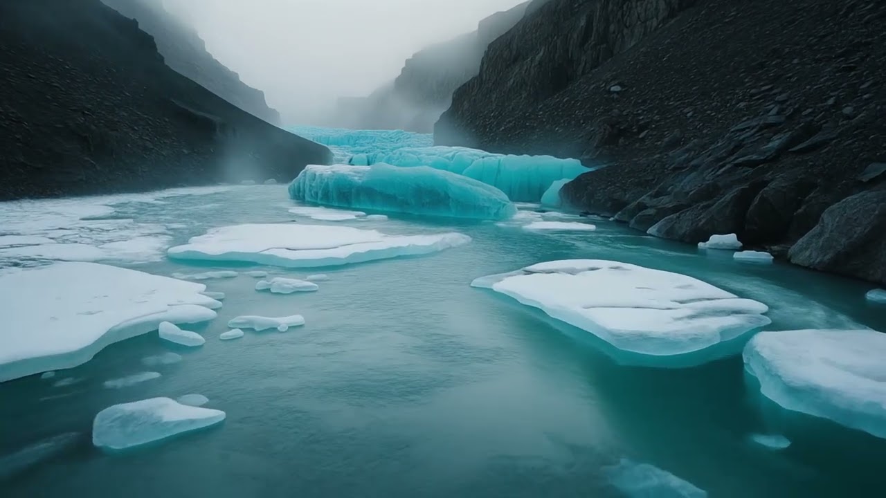 Aerial cinematic drone shot of a frozen glacial river flowing through a dark rocky canyon