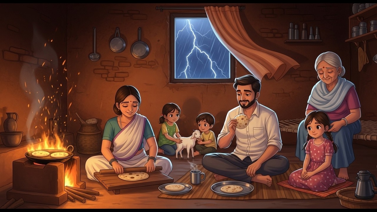 Thunder Crashed Beyond the Fields, Hearth Warmed the Kitchen | Cozy Indian Village ASMR