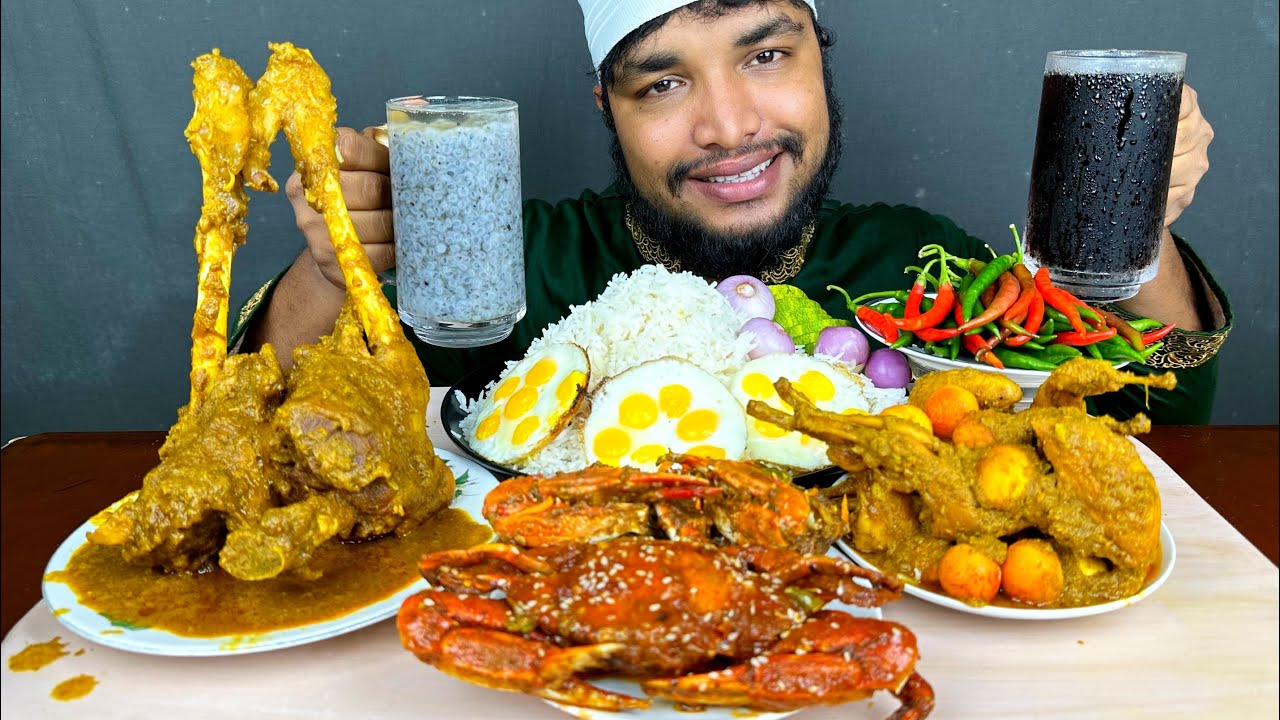 ASMR EATING SPICY MUTTON LEG CURRY , QUAIL CURRY AND CARB CURRY WITH RICE , EATING VIDEO