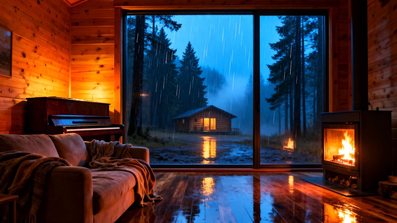 Уютная атмосфера хижины: Дождливый вечер — джаз и магия 🌧️🔥 камина