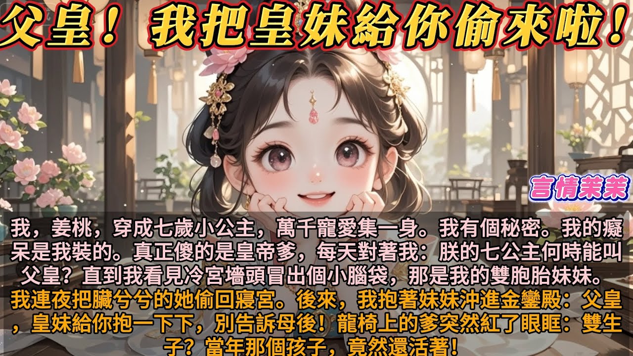 《父皇我把皇妹給你偷來啦！》我，姜桃，穿成小公主，萬千寵愛集一身。我有個秘密。我的癡呆是我裝的。真正傻的是皇帝爹，每天對著我：七公主何時能叫父皇？直到我看見冷宮冒出個小腦袋，那是我從未謀面的雙胞胎妹妹