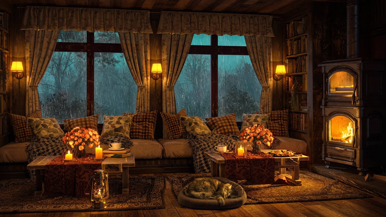 Cozy Living Room with Warm Fireplace Ambience in a Rainy Night 🌧️ Smooth Jazz Music to Stress Relief