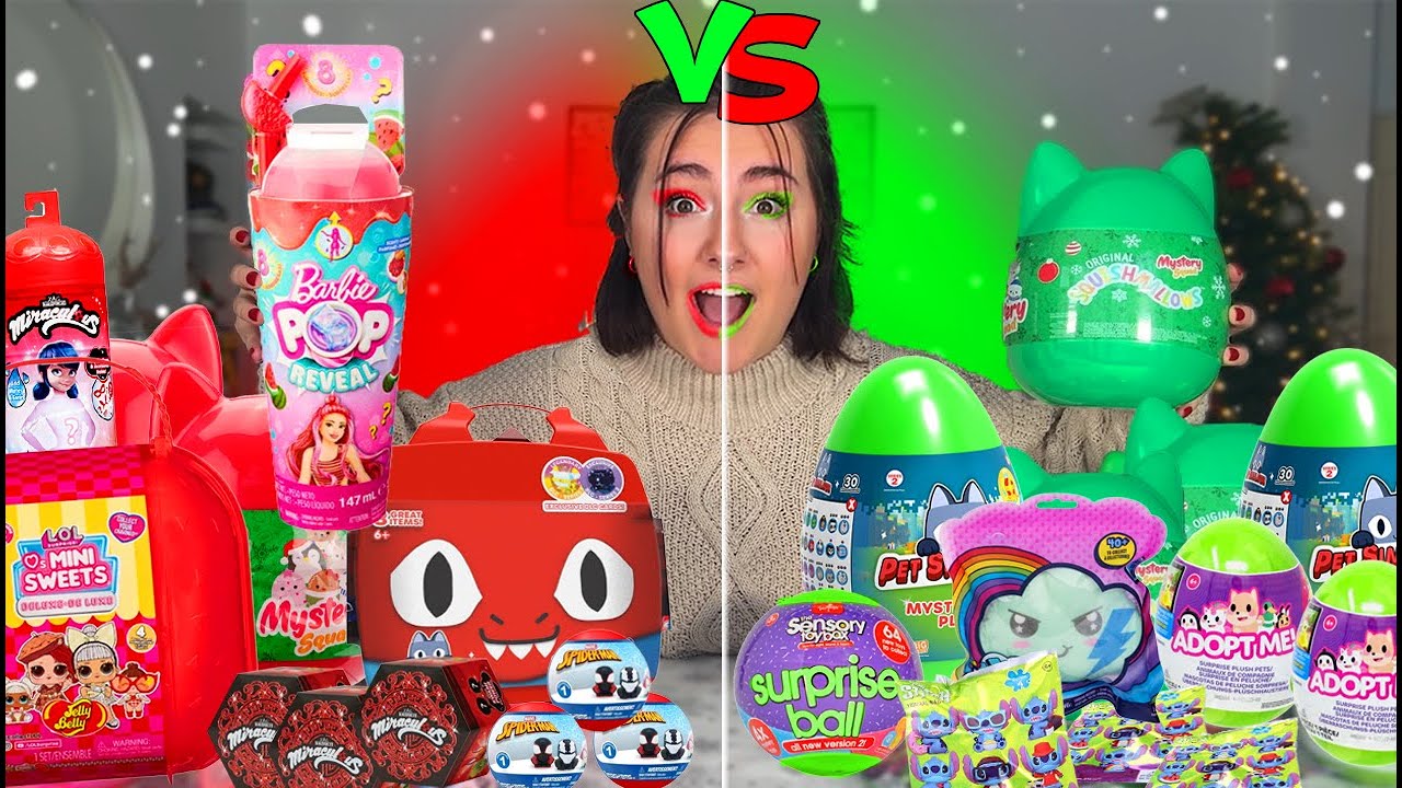 UNBOXING 100 *RED VS GREEN* TOYS!!🎄😱 *RARE FINDS*